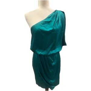 Aqua Y2k Party Dress Club Satin Mini Kelly Green One Shoulder Drape 8 Medium NEW